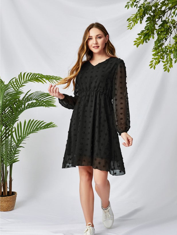 New Flowy Chiffon Long Sleeve V-Neck Cute Tunic Dress