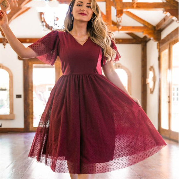 New Flowy Chiffon Long Sleeve V-Neck Cute Tunic Dress