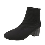 Square Toe Sleeve Boots Thick Heel Flying Knit | Square Toe Sleeve Boo