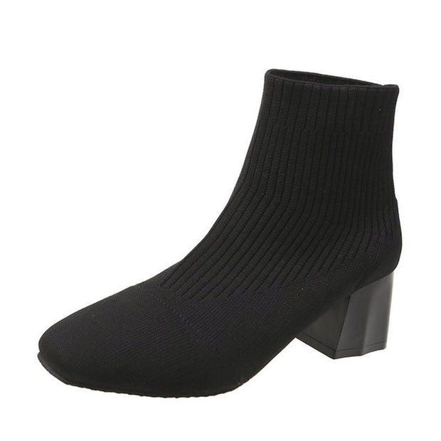 Square Toe Sleeve Boots Thick Heel Flying Knit | Square Toe Sleeve Boo