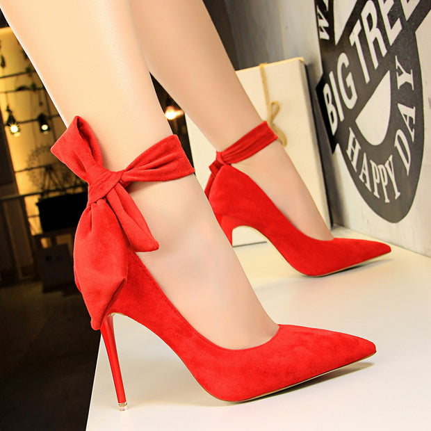 Bow Knot Single Shoes High Heels One Word With Bow Knot Single