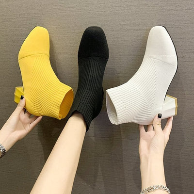 Square Toe Sleeve Boots Thick Heel Flying Knit | Square Toe Sleeve Boo