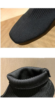 Square Toe Sleeve Boots Thick Heel Flying Knit | Square Toe Sleeve Boo