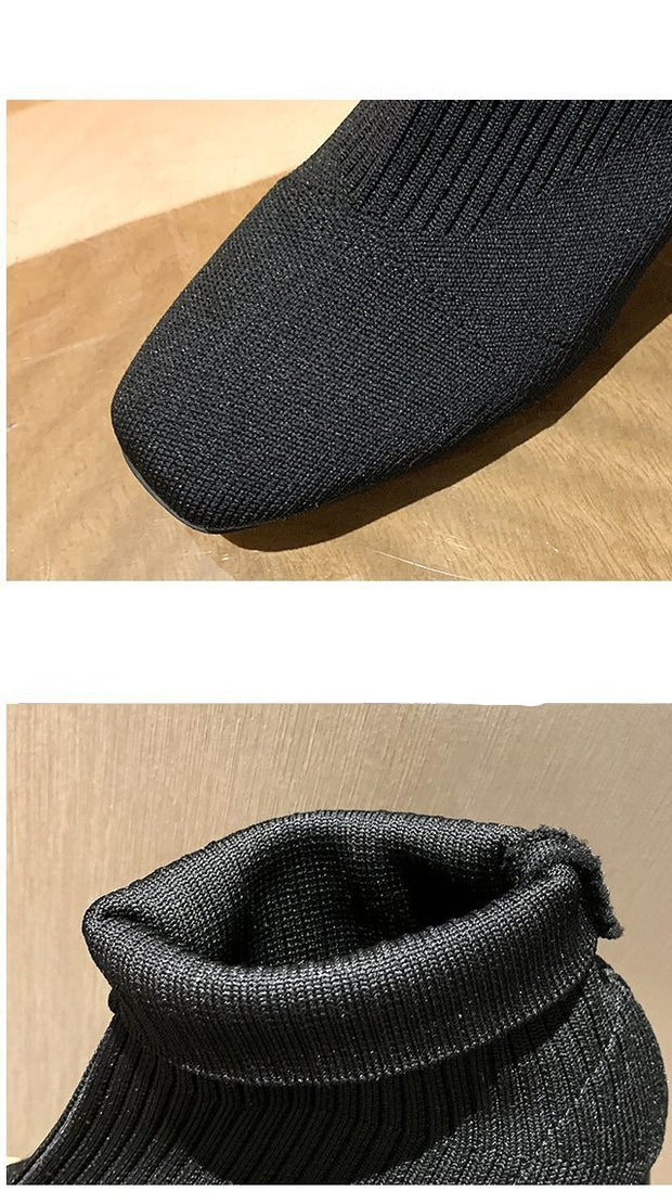 Square Toe Sleeve Boots Thick Heel Flying Knit | Square Toe Sleeve Boo