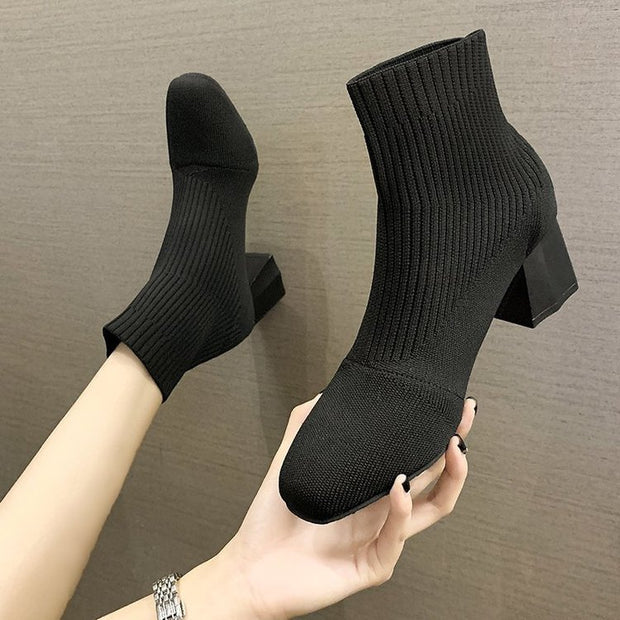 Square Toe Sleeve Boots Thick Heel Flying Knit | Square Toe Sleeve Boo